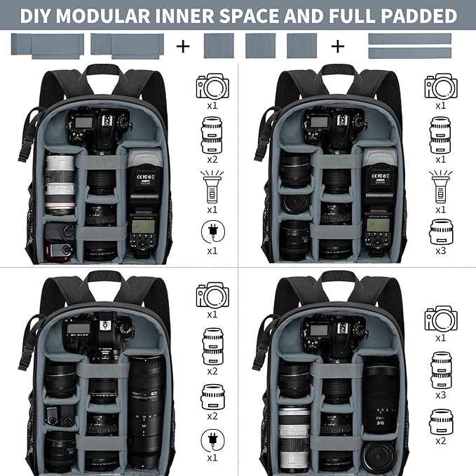IPEB Camera Backpack for DSLR/SLR/Mirrorless Bag Professional Waterproof Camera Case 11"X5.9"X15" for Photographers Grey