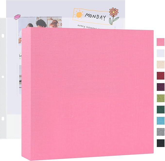 Mublalbum 12x12 Inch Large 3 Ring DIY Scrapbook Photo Album with 20 Plastic Sleeves 40 Pages Linen Cover Folder Binder for Baby Travel Wedding Anniversary and DIY Projects (Pink)