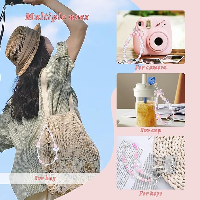 Pink Beaded Phone Wrist Straps, Y2K Phone Case Charms Camera Charm Strap, Lanyard Keychain Wristlet Aesthetic Cellphone Charm