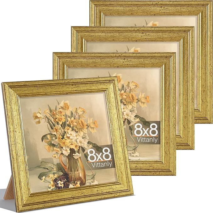 Vittanly 8x8 Picture Frame Set of 4, Vintage Photo Frame for Wall or Tabletop, Display 8x8 Pictures, Rustic Farmhouse Home Decor, Gold