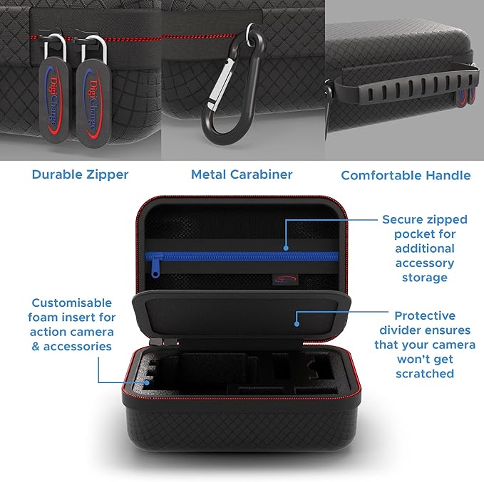 DigiCharge Action Camera Carrying Case for GoPro Lit Hero 13, 12, 11, 10, 9, Max 2 & DJI Osmo Action, Insta360 – EVA Shockproof Travel Storage Bag with Foam Cutouts & Mesh Pocket 6.5x4.5x3 Inch