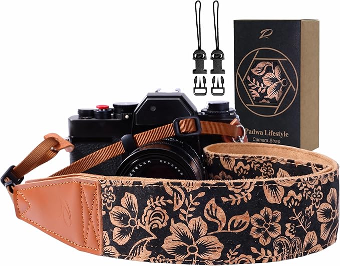 Padwa Lifestyle Cork Camera Strap - 2" Top Layer Cowhide Head Camera Straps for Photographers,Natural Log Crackle Art Print Style,Soft Chamois Velvet Padded Strap Quick Release fits All Cameras