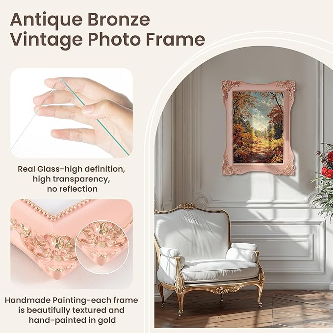 Axeman Vintage Pink Picture Frames 8x10 | 8 x 10 Antique Picture Frame with Real Glass | Ornate 8x10 Picture Frame for Wall & Tabletop Display | Retro Pink 8 x 10 Frame