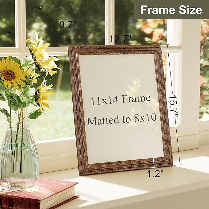 Vittanly 11x14 Picture Frame Set of 4, Vintage Photo Frame for Wall Mount, Display 8x10 Pictures with Mat or 11x14 without Mat, Rustic Farmhouse Home Decor, Walnut