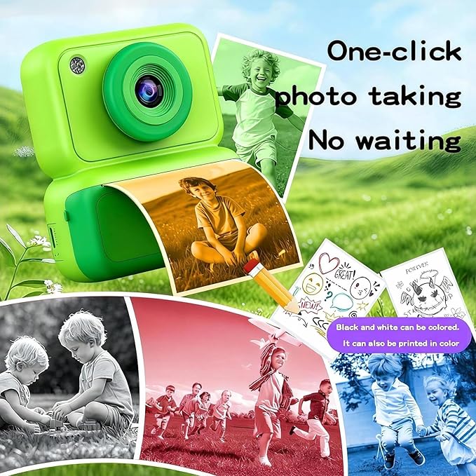 Kids Camera Instant Print, Instant Camera with 4 Roller Photo Paper & 32GB Card, 1080P Dual-Lens Digital Camera for Kids, Boys and Girls Toys Gifts for Teenage Girls Kids Toys for Ages 8-13 (Green)