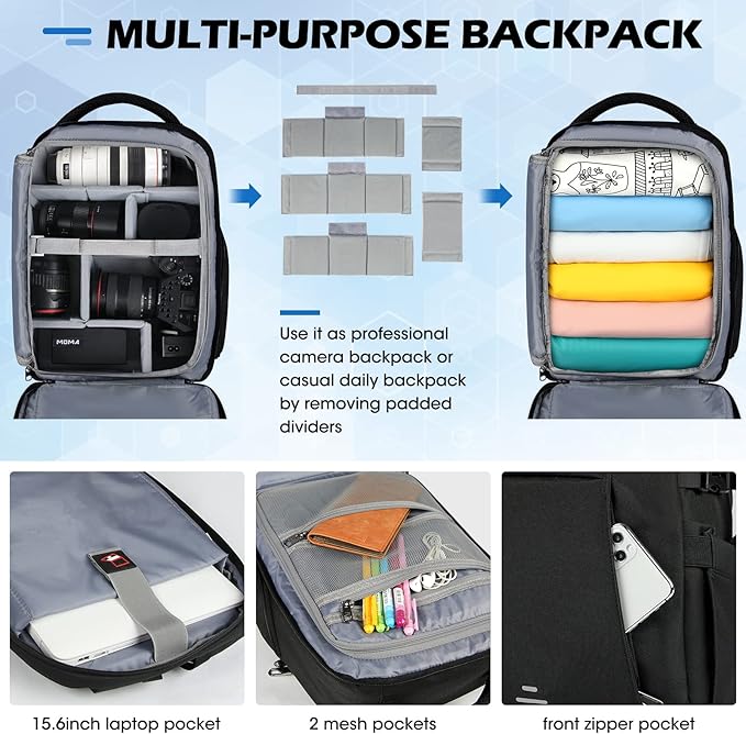 RAINSMORE Camera Bag Professional DSLR SLR Mirrorless Photography Camera Backpack 15.6 Inch Waterproof Camera Case With Tripod Holder&Laptop Compartment for Canon Nikon Sony for Photographers Black