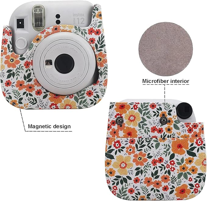 Frankmate Protective Case Fit for Fujifilm Instax Mini 12 11 9 8 Camera, PU Leather Camera Bag with Pocket and Adjustable Shoulder Strap (Yellow Flower)