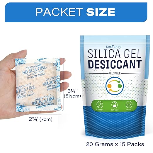 LotFancy Silica Gel Desiccant Packets, 20 Gram 50 Packs, Rechargeable Desiccant Dehumidifier with indicating Beads (Orange to Green), Non-Toxic Moisture Absorber Bag for Documents Shoes Gun Storage