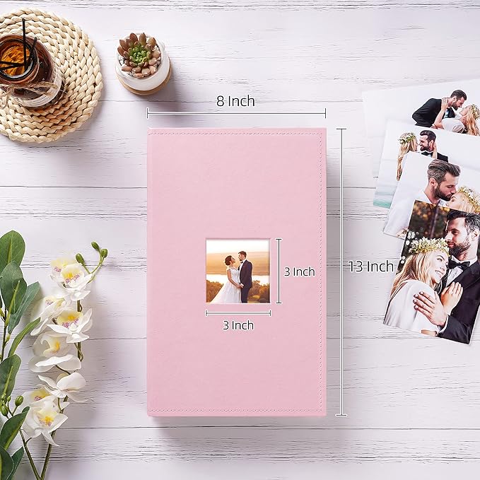 potricher Small Photo Album 4x6 300 Photos Leather Cover Picture Book with 300 Horizontal Pockets for Family Wedding Anniversary and Baby (Pink)