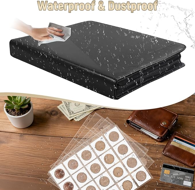 BYSTER Coin Collection Book, 30 Pack 600 Pockets Coin Sleeves, Faux Leather Coin Collection Holder Album, Coin Collection Organizer Storage Box Case (Coin Flips Not Included), Black