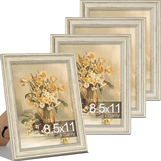 Vittanly 8.5x11 Picture Frame Set of 4, Vintage Photo Frame for Wall Mount, Display 6x8 Pictures with Mat or 8.5x11 without Mat, Rustic Farmhouse Home Decor, Rustic White
