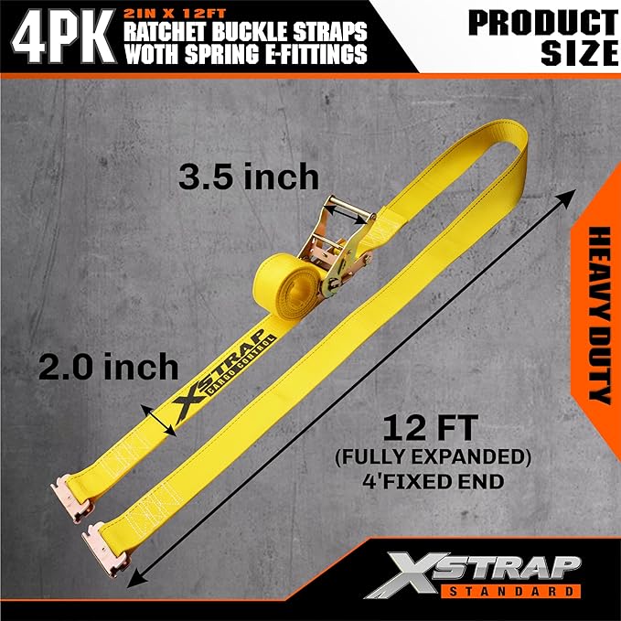 XSTRAP STANDARD 4-Pack E-Track Ratchet Straps 2" x 12' - 4,400 lbs Heavy Duty Cargo Tie Downs for Trailers, Trucks, Vans & Motorcycle Securing with Spring Fittings (Yellow)