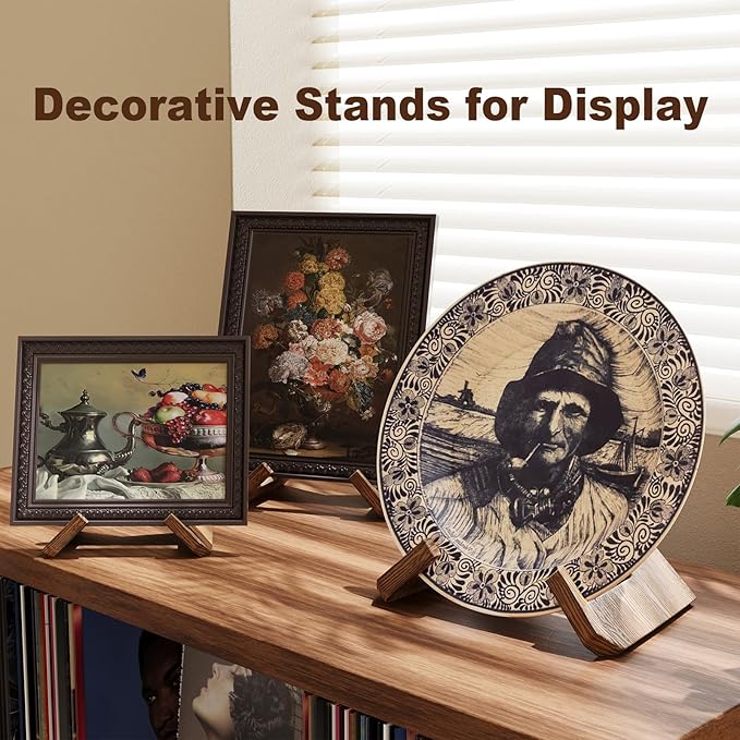 Wooden Plate Stands for Display, Wood Plate Holders for Displaying, Decorative Picture Frame Stand, Easel for Sign, Cookbook, Now Playing Vinyl Record, Recipe Book Holder for Photo, Plaque, Platter
