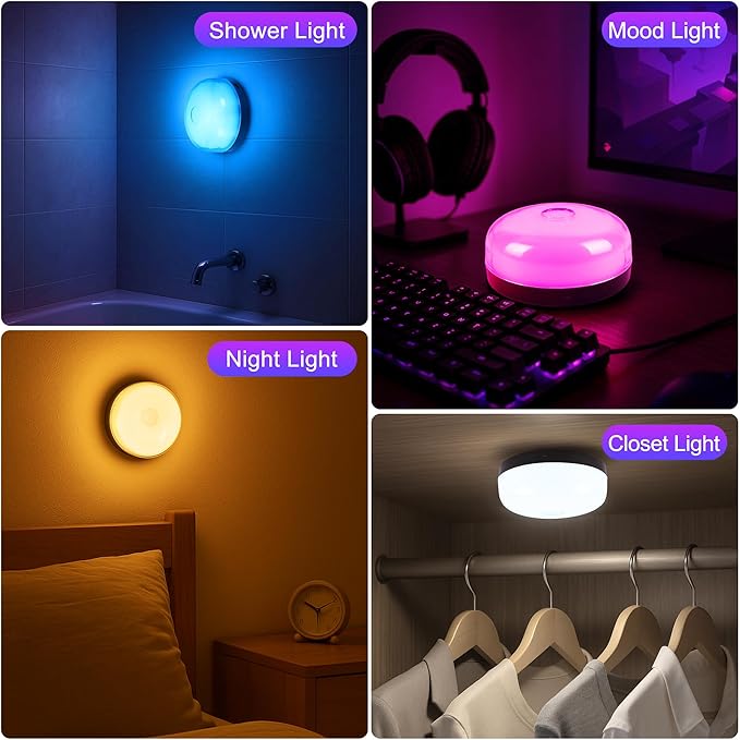 4-Pack Rechargeable Shower Lights for Inside Shower, 15 RGBW Color Changeable Waterproof Lights for Shower with Remote(Dimmable＆Timer), Wireless LED Mood Lighting for Bathroom, Closet, Bedroom, Party