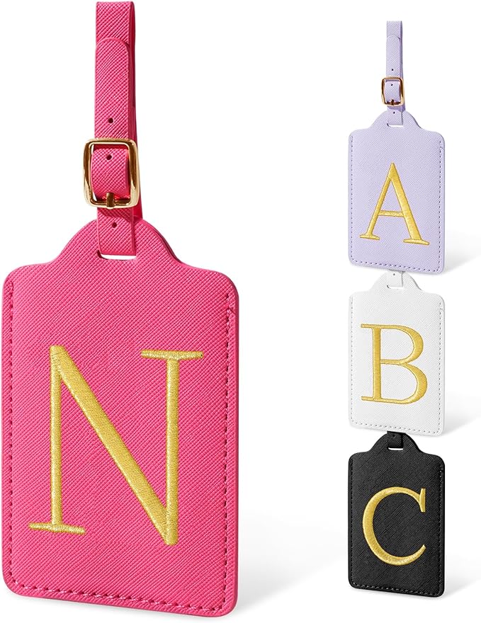 Initial Letter Luggage Tags for Suitcases, Personalized Embroidered Letter Luggage Bag Suitcase Identifier Name Tag, Cute PU Leather Travel Luggage Tags, Bag Tags for Luggage Handbags(Rosered N)