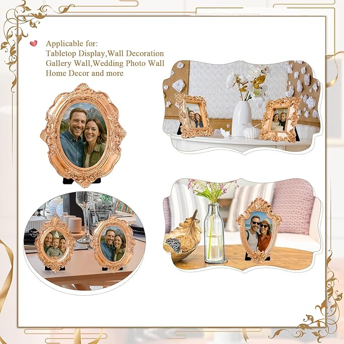 5-Piece Set Vintage Mini Photo Frames,Baroque Rose Gold European Palace Style , Retro Carving, Stand or Hang, Desktop Display, Wall Decor,Fits Gallery Walls / Wedding Photo Walls / Home Decor Retro Style Photo Frames