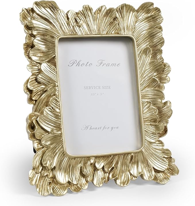 Cuspin 3x5 Picture Frame Small Gold Frames, Vintage Gold Palm Leaves Textured Hand-Crafted Resin with Glass Front, Elegant Retro Photo Frame for Wall and Tabletop Display Home Decor