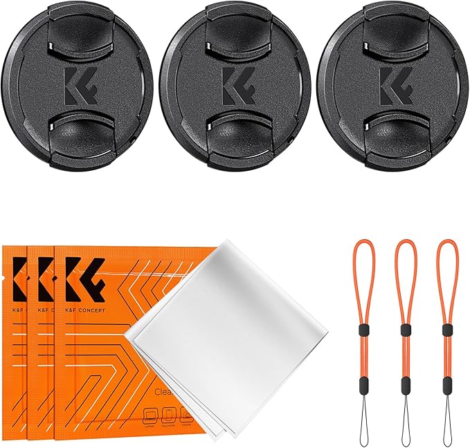 K&F Concept 82mm Lens Cap, 9-in-1 Center Pinch Lens Cover + Anti-Loss Keeper Leash + Microfiber Cleaning Cloth Kits Compatible with Nikon, Canon, Sony, Fujifilm Camera Lenses