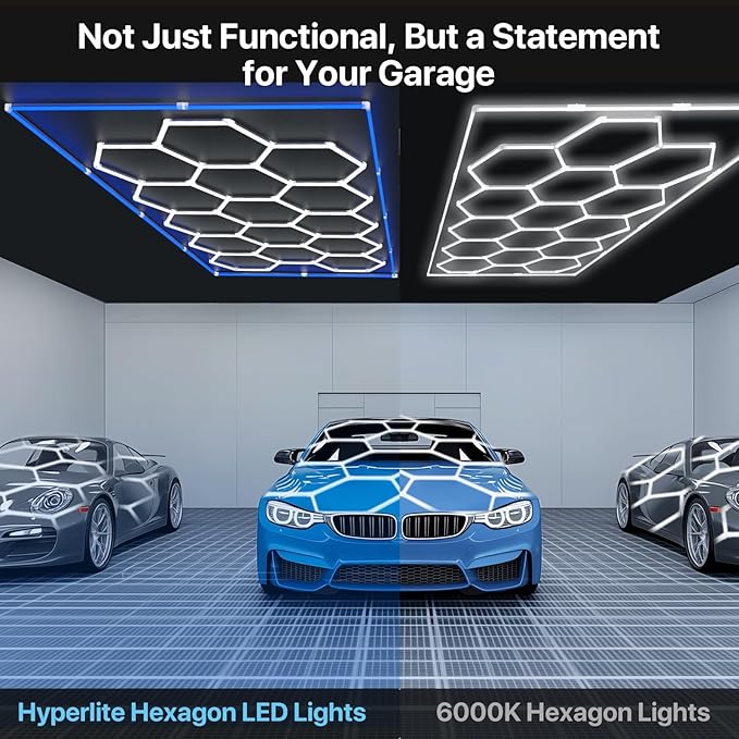 HYPERLITE Gen 2 Hexagon Garage Lights: 15 Grids with Border DIY Hexagon Led Lights, 6500K Ultra Bright, Easy Install Hex Light, Durable Design for Garage, Car Detailing, Workshops, Gym(Blue)