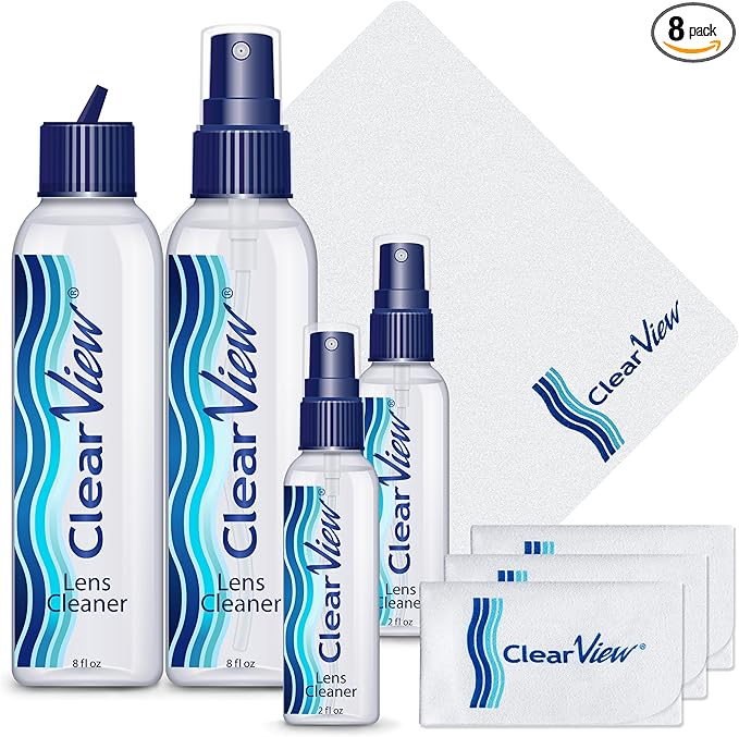 Clear View Lens Cleaner Kit – 4 Bottles + 4 Microfiber Cloths | Streak-Free Eyeglass & Screen Cleaning Spray | Safe for AR & Blue-Light Lenses | 8 oz + Travel Sizes