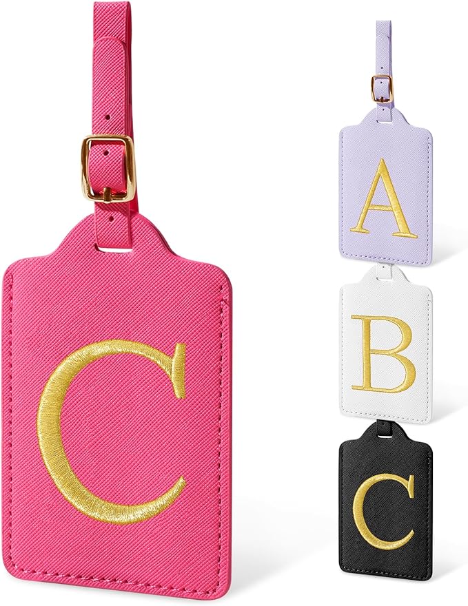 Initial Luggage Tags for Suitcases, Cute Embroidered Letter Luggage Bag Suitcase Identifier Name Baggage Tag, PU Leather Travel Luggage Tags, Bag Tags for Men Women Kids Luggage Handbags(Rosered C)
