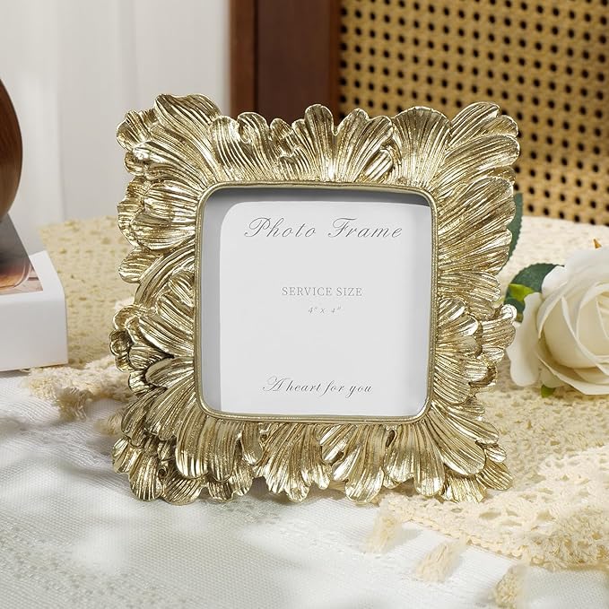 Cuspin 4x4 Picture Frame Gold Square Frames, Vintage Gold Resin Photo Frame Palm Leaves Textured with Glass Front for Wall Hanging and Tabletop Display Home Decor