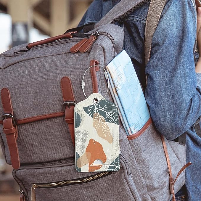 Luggage Tags for Suitcase, 2 Pack PU Leather Travel Cruise Luggage Tag with Privacy Flap, Name ID Label and Metal Loop for Women Men Suitcase Baggage Bag Backpack Instrument, Boho Leaves