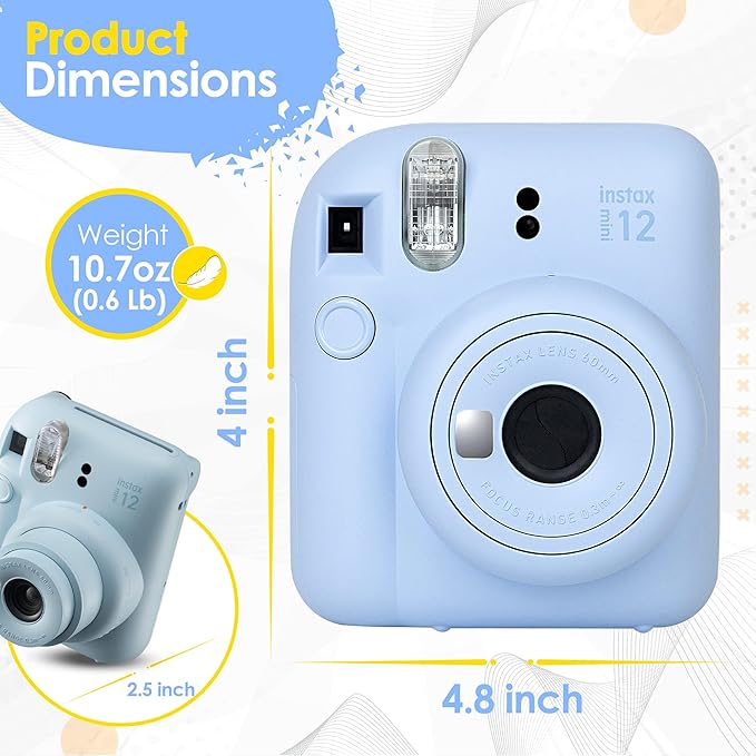 Fujifilm Instax Mini 12 Instant Camera Pastel Blue and Fuji Film Value Pack (60 Sheets) Bundle with Sturdy Tiger Accessories, Carrying Case, Photo Album 64 Pockets