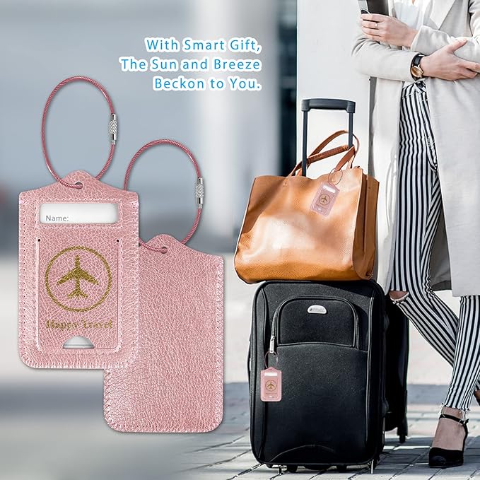 ACdream Luggage Tags 2 Pack, Leather Suitcase Tags Identifiers, Cute Cruise ID Labels with Privacy Cover fits on Backpack, Travel Bag, for Women, Men, Adults, Kids, Rose Gold