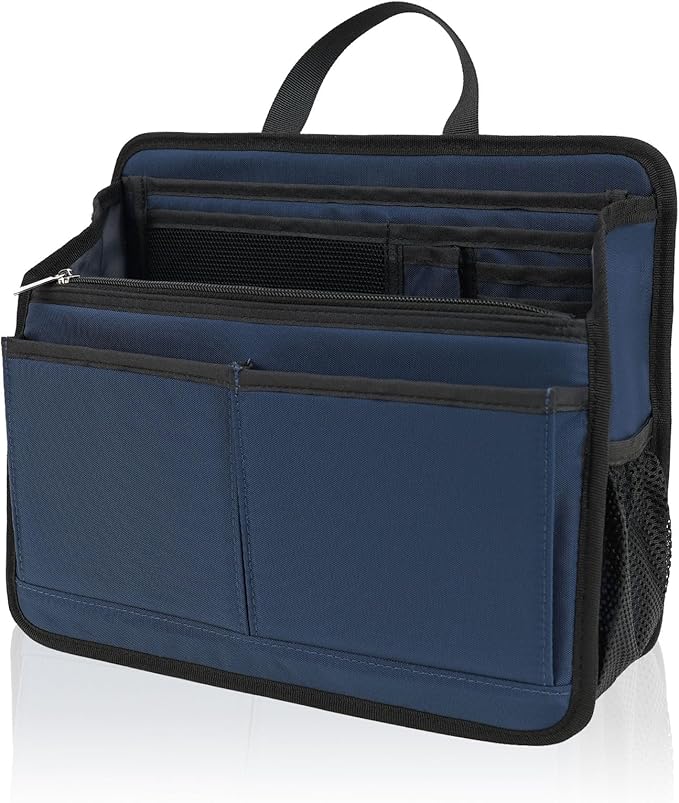 Small Rugged Organizer Insert for Briefcase Tote Shoulder Messenger Bag-19 Pockets,Durable Padded Nylon,Handle-Navy