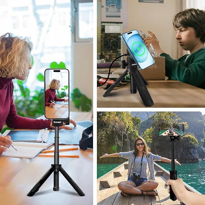 Magnetic Cell Phone Selfie Stick Tripod with 1/4" Magnetic Wireless Charging Mount Extendable Mini Desktop Smartphone Tripod compatibel for Magsafe iPhone 17/16/15/14/13/12 Pro Max