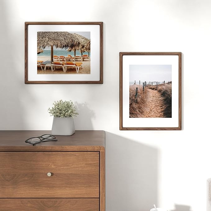 11x14 Wooden Picture Frames USA-Sourced Natural Walnut Solid Wood Photo Frame Handcrafted Rounded Corner with Mat to 8x10 Picture Frame Vintage Display with Real Glass Family Picture， 2 Pack