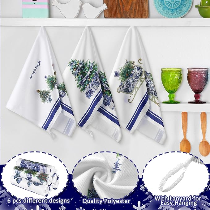 Preboun 6 Pcs Christmas Kitchen Towels Chinoiserie Decorative Hand Towels Blue and White Christmas Ball Dish Cloth Farmhouse Tea Cloth Kitchen Accessories Bathroom Decor