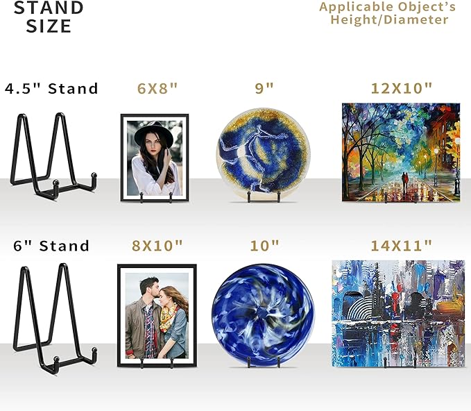 Plate Stands for Display - 4.5 Inch Metal Square Wire Plate Holder Display Stand + Picture Frame Stand Holder Easel for Book, Decorative Plate, Plaque, Photo, Platter (Black 2 Pack)