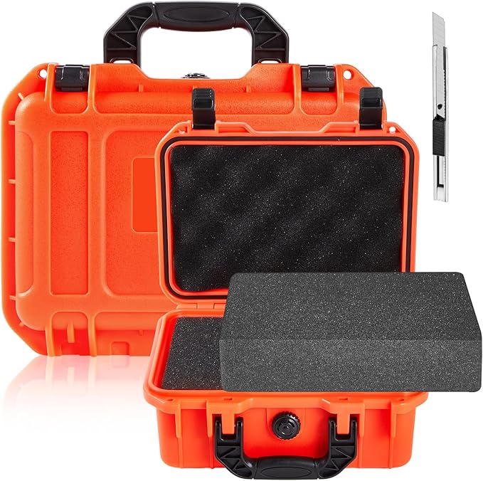 Relaxweex 1 Pcs 14.3 x 11.4 x 4.5 Inch Waterproof Hard Case with DIY Customizable Foam Insert Portable Protective Case with Knife for Camera Drones Equipments Tools Test Instruments (Reddish Orange)