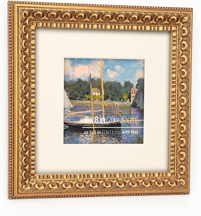 8x8 in Antique Gold Ornate Vintage Wood Picture Frame, Matted for 5x5 Photos, Real Glass Protection, Tabletop or Wall Mounting Display