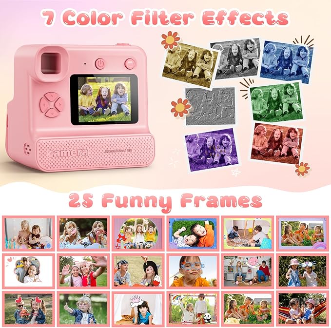 Instant Print Camera for Kids, 1080P Kids Instant Cameras,HD Selfie Digital Video Cameras Toddler 3 Rolls Print Paper & 32G Card,Christams Birthday Gifts for Girls Boys Age 5 6 7 8 9 10
