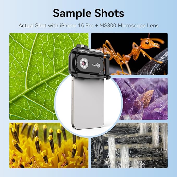 APEXEL 300X Phone Microscope Lens, Phone Camera Micro Lens with Universal Clip/LED Light/CPL, Mini Pocket Microscope, Phone Lens Attachment Fit for iPhone 16/15/14/13, Samsung, and Most Smartphone