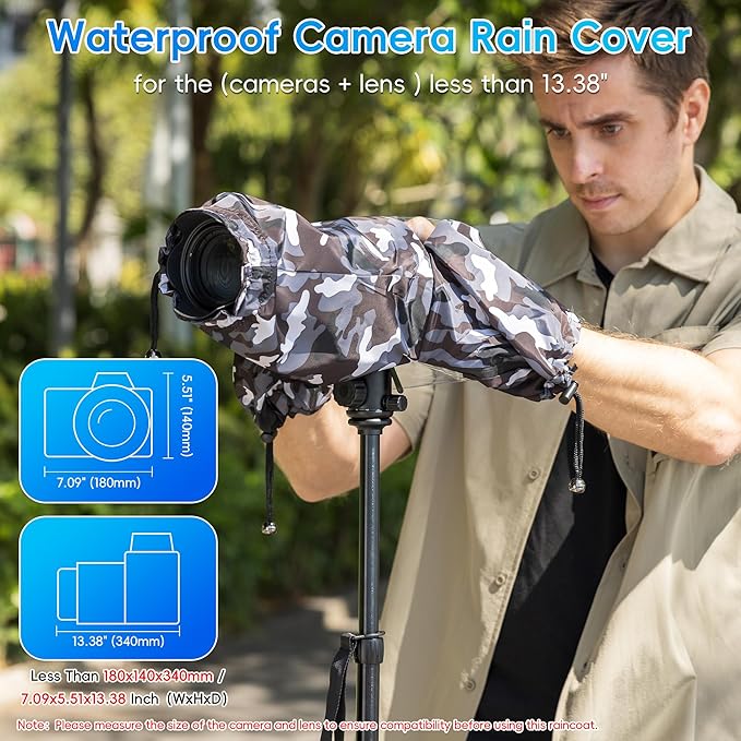 Camera Rain Cover Sleeve Gear Camo for Canon EOS R5 Mark II R10 R7 R6 R Rp Rebel T7 T8i T7i 90D 80D 4000D SL3 SX70 Nikon Z7II Z6II Z5 D780 D850 D7500 D5600 D3500 Coolpix P1100 P1000 P950