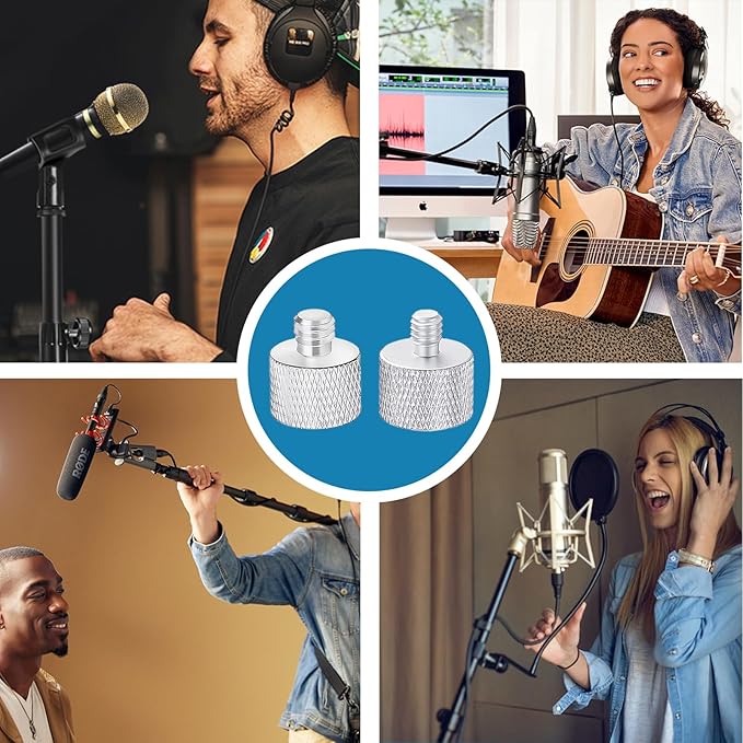2 Pieces Mic Stand Adapter Set, 5/8" Female to 3/8" Male & 5/8" Female to 1/4" Male Screw Thread Adapter for Microphone Stand, Boom Arm, Camera Tripod, and Mic Mount (Silver)