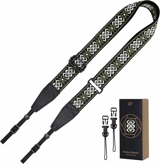 Padwa Lifestyle Adjustable Camera Strap - 1.5" Full Grain Leather Ends Camera Straps for Photographers, Adjustable Neck Shoulder & Crossbody Cotton Strap Quick Release for Cameras and Binoculars