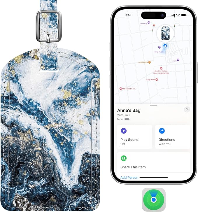 Luggage Tags Built-in Anti-Loss Tracker, Luxury Leather Luggage Tags for Suitcase, Travel Bags, Backpacks, Travel Organizer for Lost Baggage Prevention (Marble Texture)