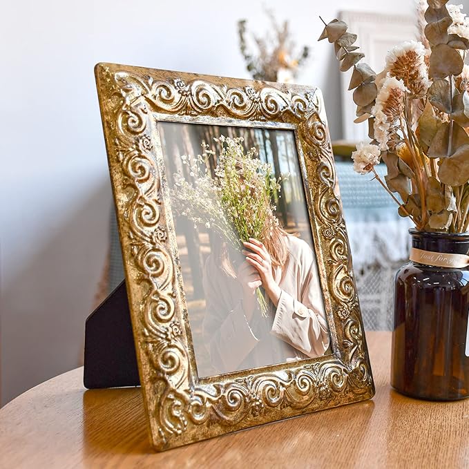Vintage 5 x 7 Gold Picture Frame Table Top Display Retro Flower Design Antique Picture Frames with HD Glass Front, Great Gift Metal Photo Frames for Wedding Baby Family Portraits Home Office Decor