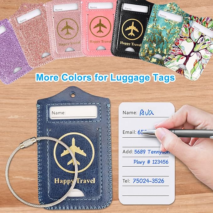 ACdream Luggage Tags 2 Pack, Leather Suitcase Tags Identifiers, Cute Cruise ID Labels with Privacy Cover fits on Backpack, Travel Bag, for Women, Men, Adults, Kids, Navy Blue