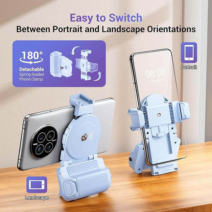 Phone Camera Grip Smartphone Photography Shooting Clip with Tripod Mount & Detachable Wireless Shutter Remote Control, Phone Selfie Grip Handle Stand for iPhone Samsung Android Phone Vlog Video Blue