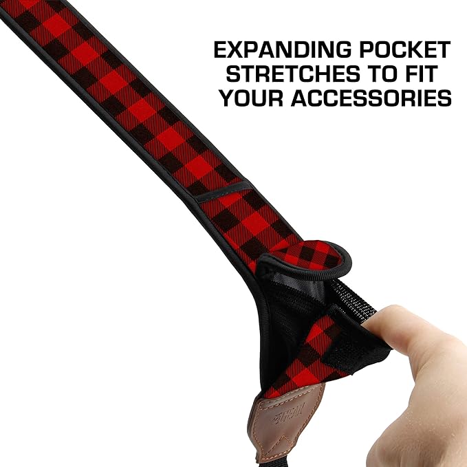 USA Gear TrueSHOT Camera Strap Neoprene Camera Straps - Padded Neck Strap, Pockets, and Quick Release Buckles - Compatible with Canon, Nikon, Sony and More DSLR and Mirrorless Cameras (Red Plaid)