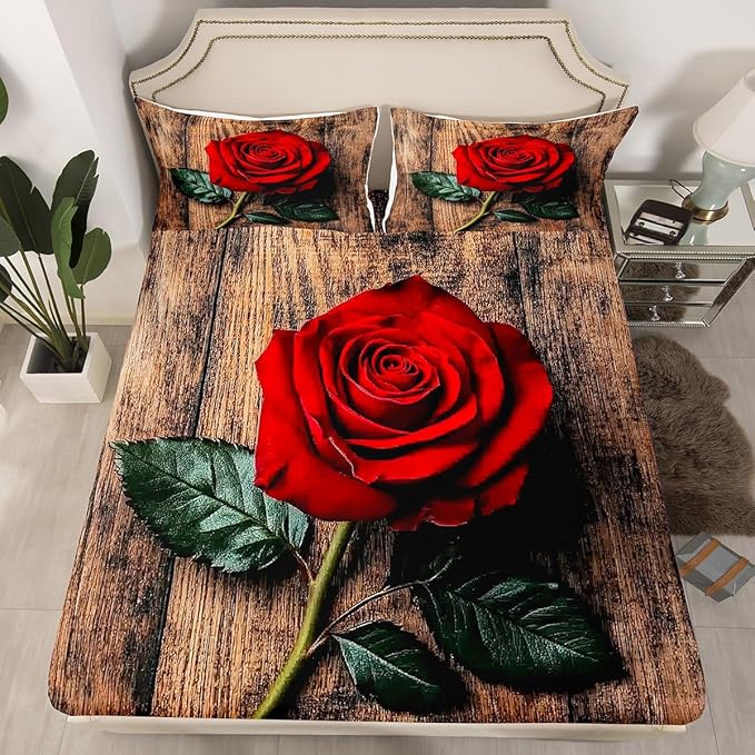 Erosebridal Red Rose Print Sheet Sets Blossom Rose Flowers Bed Sheet Twin Size 3 Pcs Rose Love Romantic Moment Print Bedding Brown Wooden Farmhouse Fitted Sheet Valentine's Day Flat Sheet Elegant