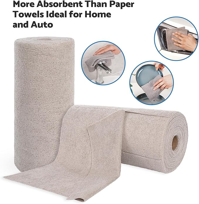 Reusable Cleaning Cloths Microfiber Towel: 50 Pack Washable Tear Away Cleaning Towels Roll - 12× 12 Absorbent Rags Drying Dishcloths for Kitchen House Car (50, Khaki)