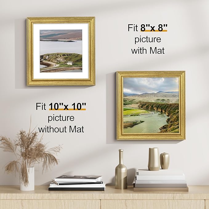 Vittanly 10x10 Picture Frames Set of 2, Ornate Vintage Photo Frame for Wall or Tabletop, Display 8x8 Pictures with Mat or 10x10 without Mat, Rustic Gold