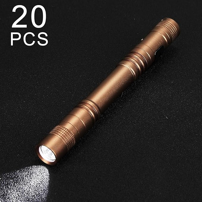 Hortsun 20 Pcs Mini Pen Light Flashlights Christmas Gifts for Men Pocket Flashlights Pen with Clip Small LED Handheld Slim Torches Without Battery(5.12 Inch,Black, Brown, Green)